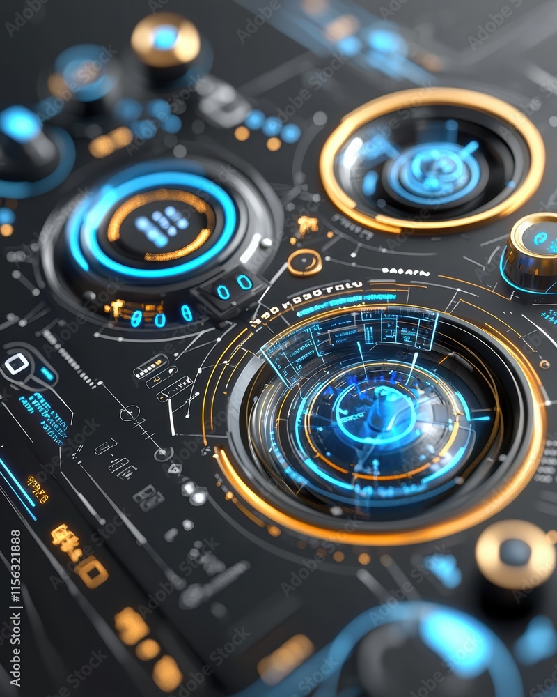 Poster futuristic user interface design with dynamic circular elements