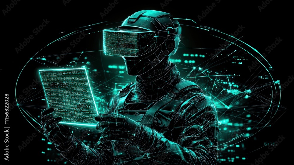 Poster futuristic soldier in virtual reality setting with data display