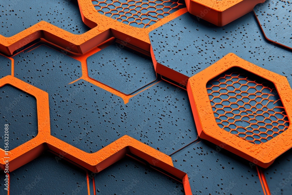 Poster abstract hexagonal pattern with orange and blue textures and shapes
