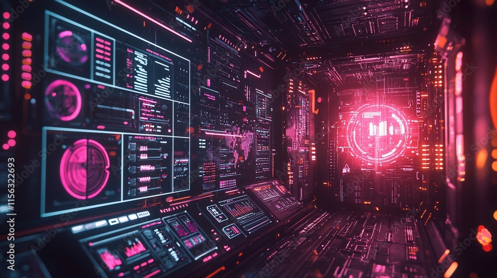 Poster Futuristic digital tunnel with glowing interfaces and data.
