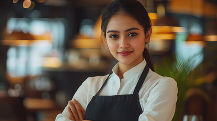 Obraz premium Young woman smiling confidently while working in a modern restaurant setting. 