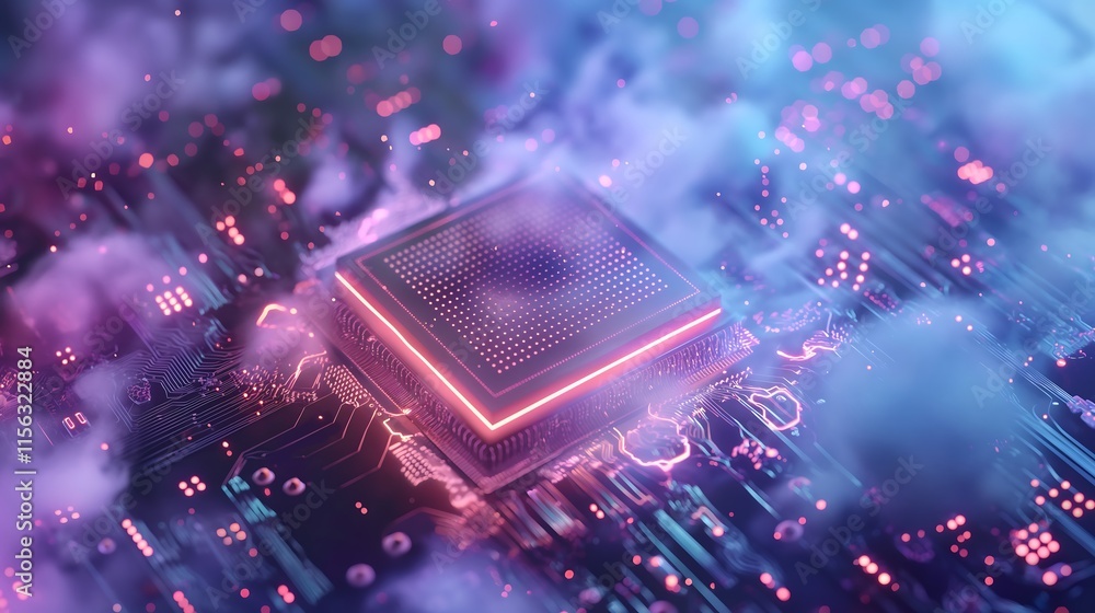 Poster 3d layered holographic chips spinning in a dynamic formation, surrounded by particle clouds of digit