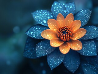 Fototapeta premium A single orange flower with dew drops on its petals, surrounded by blue leaves.
