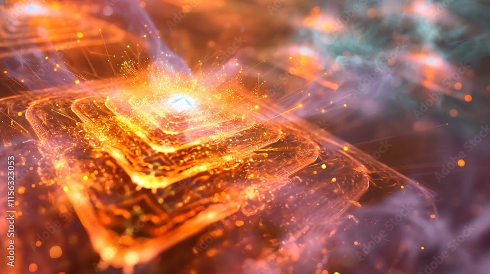 Aufkleber 3d layered holographic chips spinning in a dynamic formation, surrounded by particle clouds of digit