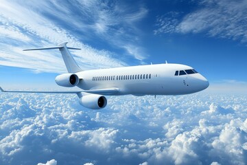 Obraz premium White Airplane Soaring Above Fluffy Clouds