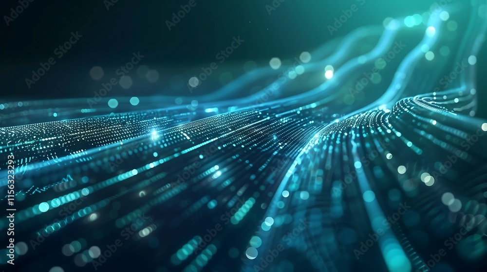 Poster abstract glowing data streams cascading vertically over a gradient black and teal background, symbol