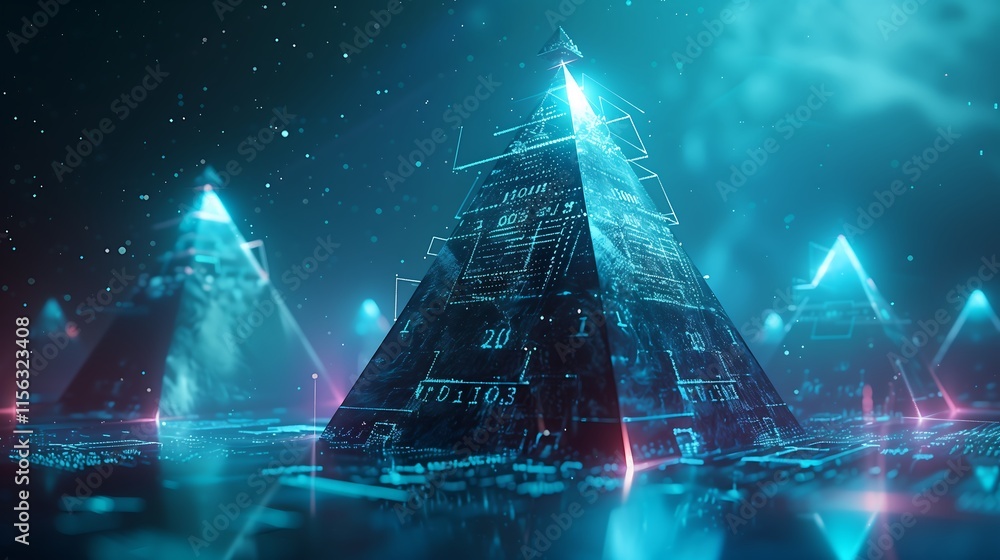 Poster abstract glowing pyramids with data symbols etched into their surfaces, hovering in a virtual blue e