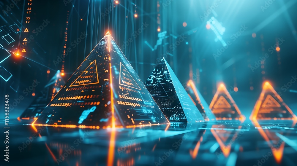Poster abstract glowing pyramids with data symbols etched into their surfaces, hovering in a virtual blue e