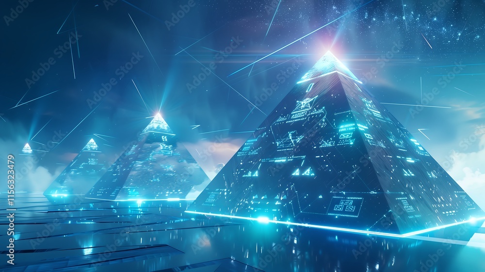 Poster abstract glowing pyramids with data symbols etched into their surfaces, hovering in a virtual blue e