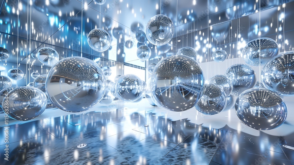 Poster abstract metallic spheres floating in a void, each displaying projected holograms of data and cyber 