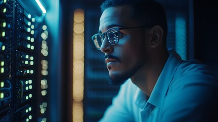 A Man in Glasses Monitors Server Room Equipment