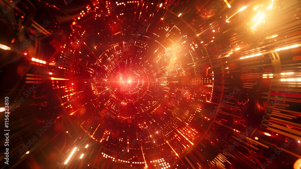 Poster abstract sphere of rotating light beams, with holographic codes floating around in a deep cyber-spac