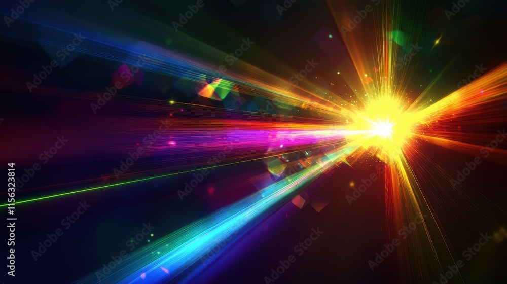 Poster vibrant colorful light rays explosion abstract background with dynamic energy and glowing particles