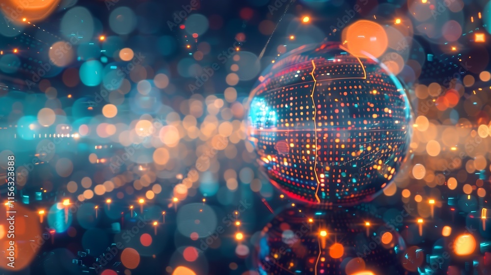 Poster abstract sphere of rotating light beams, with holographic codes floating around in a deep cyber-spac