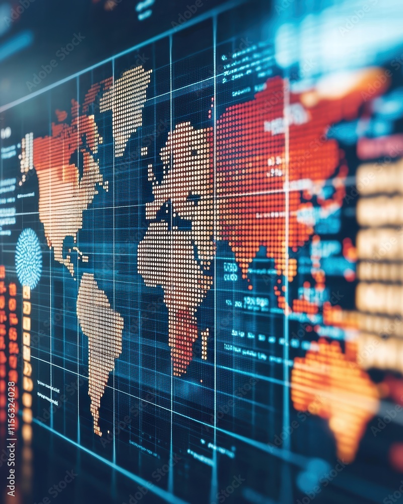 Poster global data visualization with colorful world map and digital elements