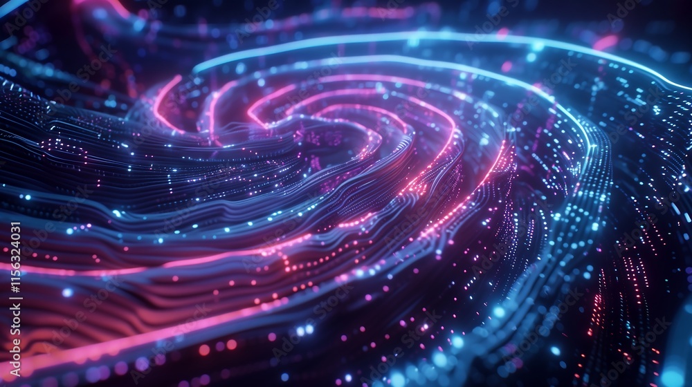 Poster ai-generated cybernetic pattern resembling a digital fingerprint, illuminated with neon lights and d