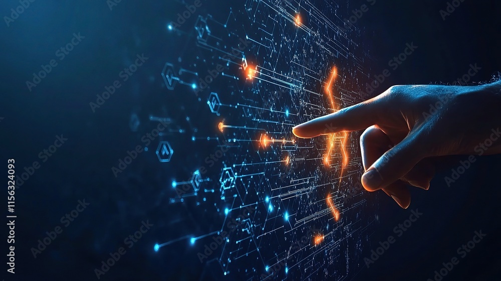 Poster close-up of hand pointing at glowing abstract digital network design