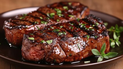 Steak serve idea. Delicious grilled steak served on a rustic plate with herbs and spices.