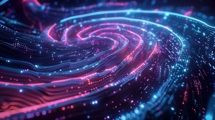 AI-generated cybernetic pattern resembling a digital fingerprint, illuminated with neon lights and data trails. futuristic technology background cyber tech wallpaper