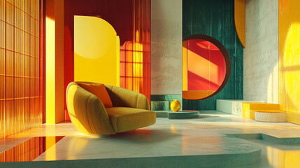 colorful sofa and chairs are arranging randomly on the room, colorful 3d design of architectural style home accessories, ultramodern and colorful abstract 3d living room background with space,