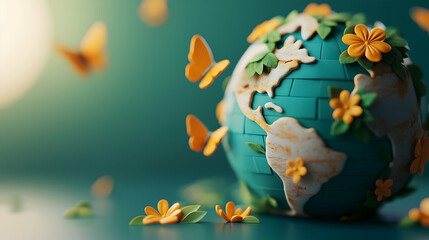A vibrant, artistic globe features butterflies and flowers, symbolizing nature and environmental beauty.