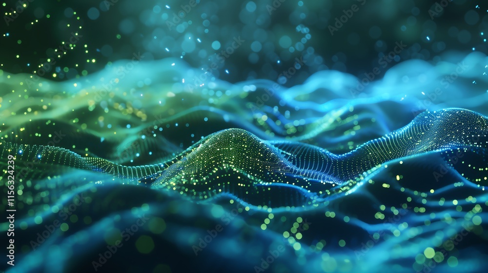 Poster dynamic cyber tunnel with glowing blue and green data particles, pulling the viewer into a futuristi