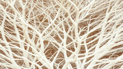 The image features an intricate network of white branches or roots against a brown background, showcasing a delicate and abstract natural structure.