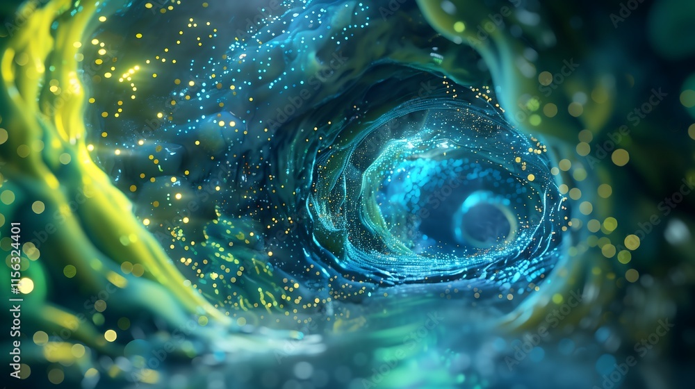 Poster dynamic cyber tunnel with glowing blue and green data particles, pulling the viewer into a futuristi