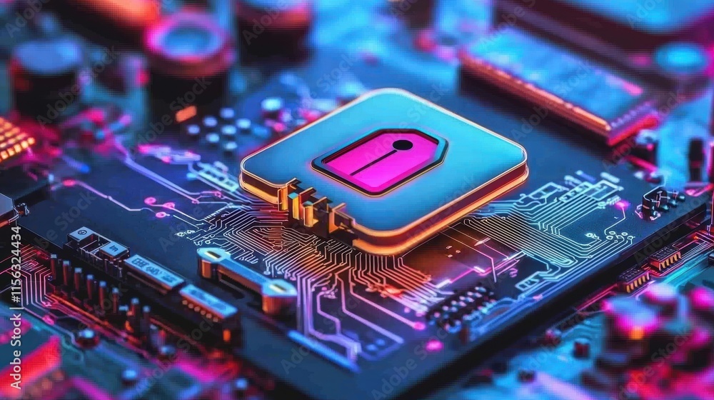 Poster colorful microchip with security lock symbol on circuit board design