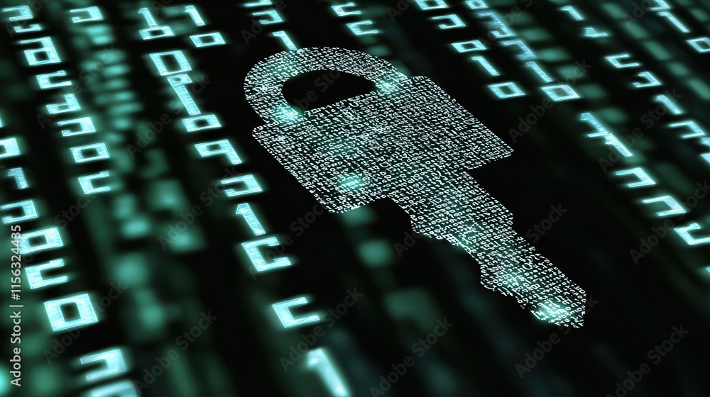 Poster digital lock symbol against binary code background in cybersecurity