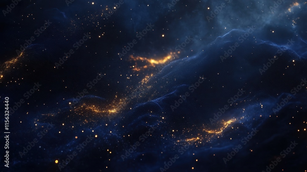 Poster abstract dark blue and gold particle background glowing nebula texture for design