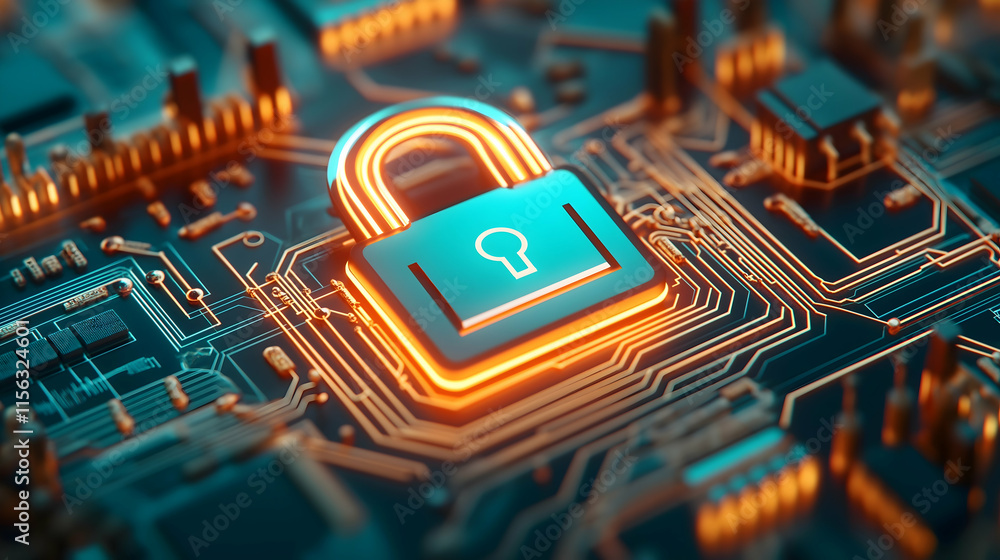 Poster a digital padlock sits on a circuit board, symbolizing cybersecurity and data protection with glowin