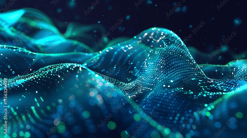 Poster dynamic cyber tunnel with glowing blue and green data particles, pulling the viewer into a futuristi