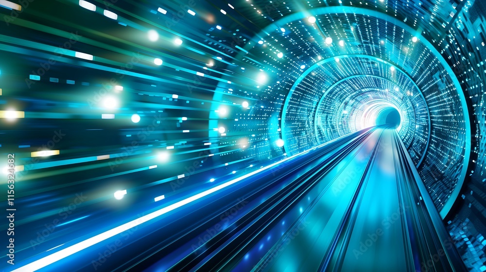 Poster dynamic cyber tunnel with glowing blue and green data particles, pulling the viewer into a futuristi