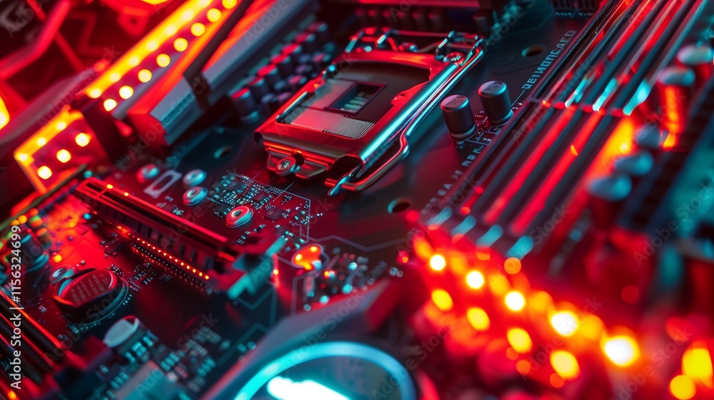 Poster futuristic motherboard with pulsating energy lights traveling through embedded pathways, creating a 