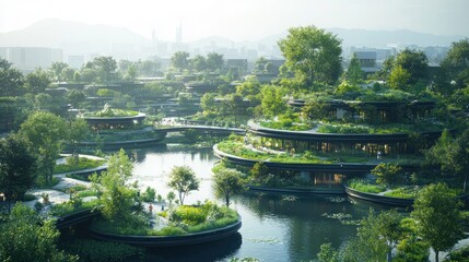 Naklejka premium A futuristic landscape featuring green architecture and serene water bodies.