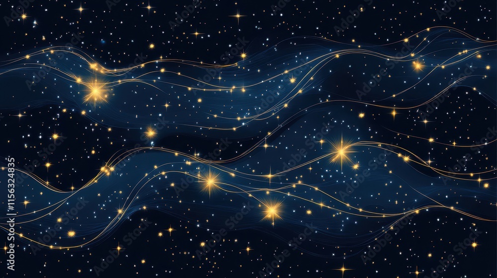 Poster celestial waves abstract night sky background with golden stars and sparkling trails for design and 