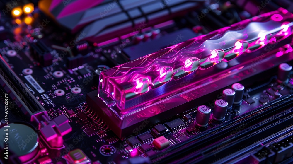 Poster futuristic motherboard with pulsating energy lights traveling through embedded pathways, creating a 