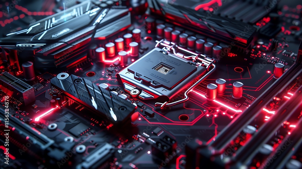 Poster futuristic motherboard with pulsating energy lights traveling through embedded pathways, creating a 