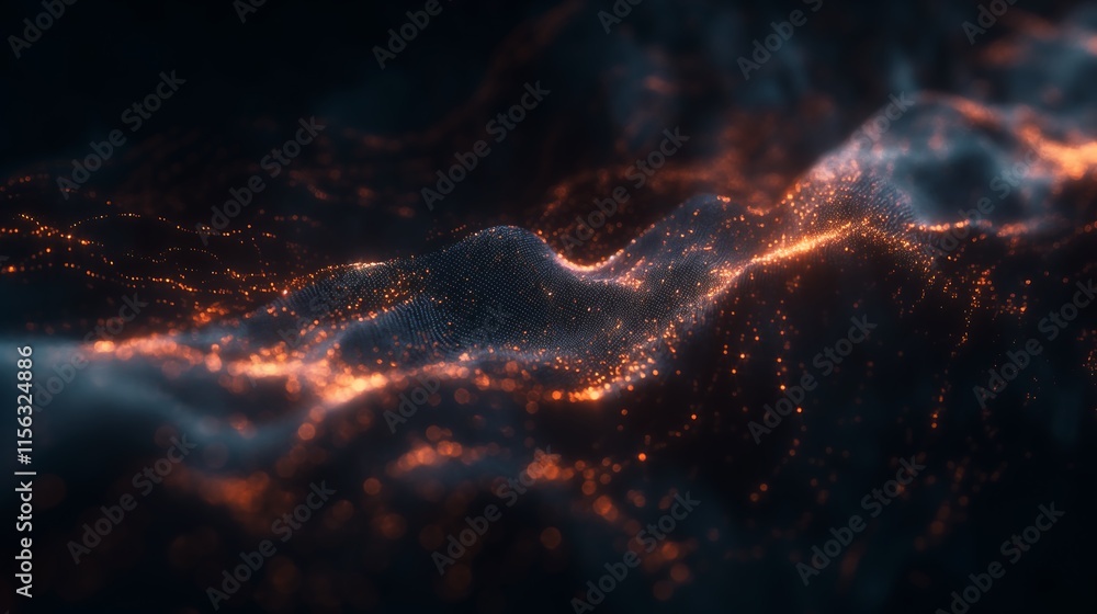 Poster glowing mesh of interconnected digital lines forming a dynamic wave pattern on a dark futuristic bac