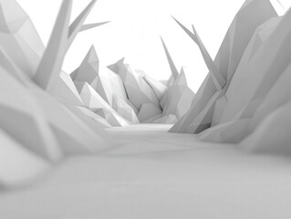 A minimalistic, low-poly landscape featuring sharp, angular formations and a winding path,...