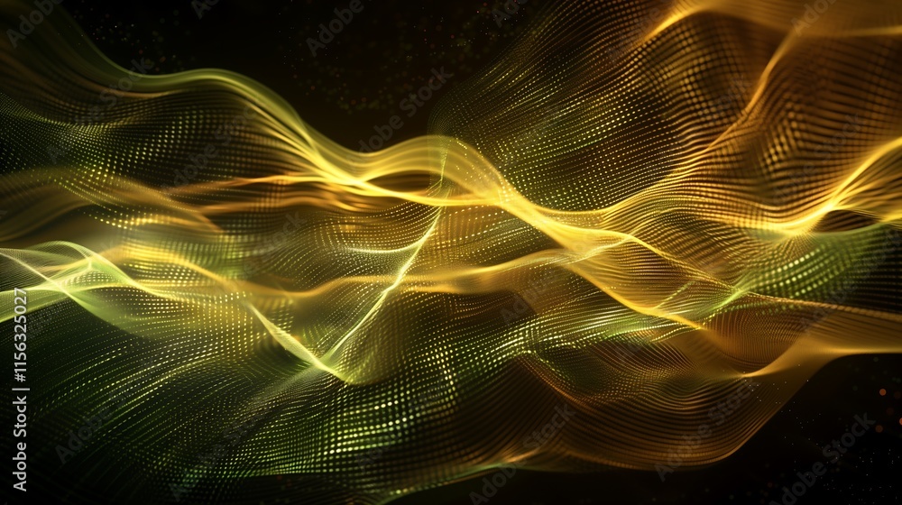Poster glowing mesh of interconnected digital lines forming a dynamic wave pattern on a dark futuristic bac