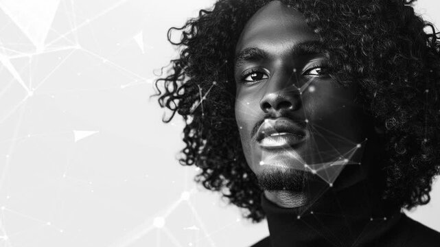 Black male model thin aquiline nose long curly hair. Black man. Black male model. Elegant man. Sexy man. A seductive guy. Fatal man. Copy-space for text. Minimalistic background. Generate AI.