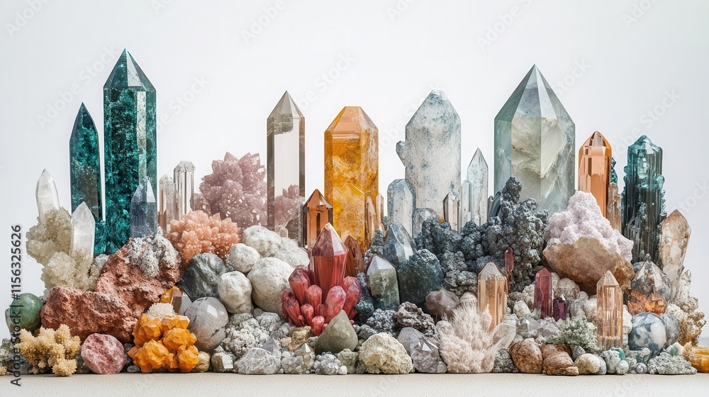 Poster a vibrant display of various colorful crystals and minerals arranged in an artistic composition.