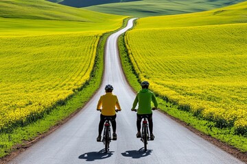Obraz premium Two cyclists on a scenic road through vibrant fields.