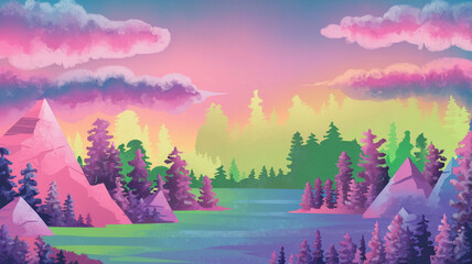 Abstract Pastel Sky Over Vibrant Mountains and Water