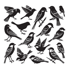 Silhouette set of sparrows on white background