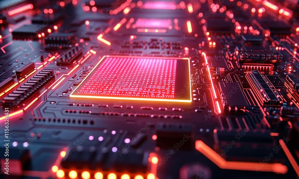 Poster glowing circuit board: a close-up of a futuristic microchip