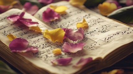 Vintage Sheet Music with Colorful Flower Petals: A Harmonious Blend of Nature and Art