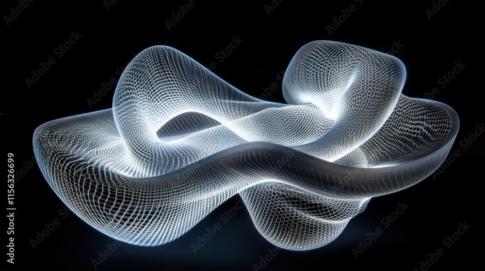 Poster abstract light painting photography glowing 3d mesh network, futuristic wave design, illuminated gri